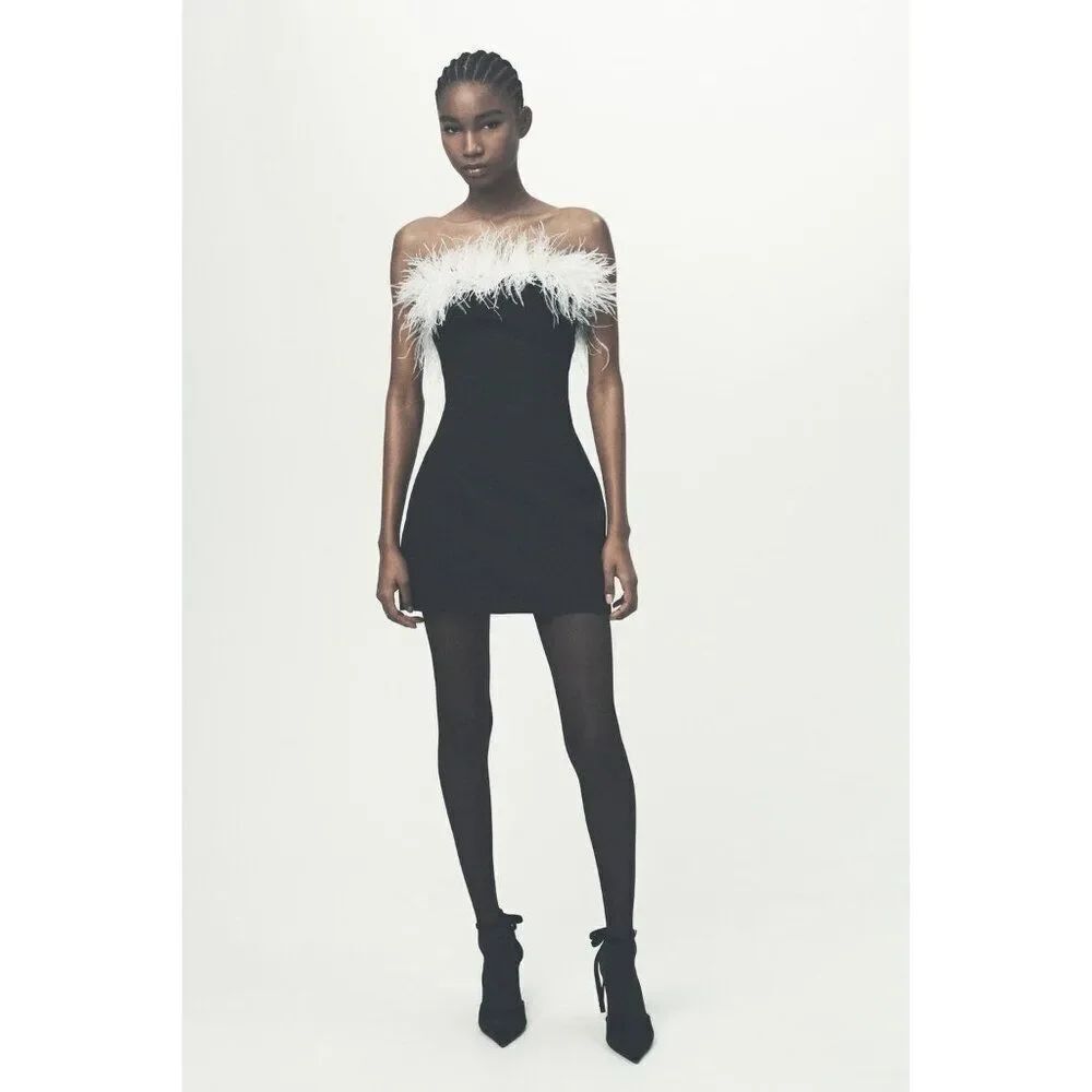 Zara Womens Mini Dress Large Black Feathers Strapless Whimsigoth 4772/226 NWT